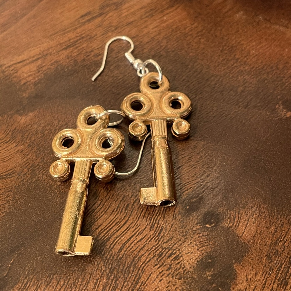 Handmade Found Object Golden Key Earrings